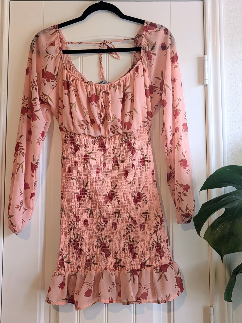 Floral Pink Long-Sleeve Smocked Mini Dress